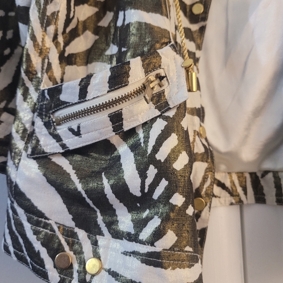 Just B Linen 3/4 Sleeve Bronze/gold Metallic Leaf Pattern Jacket Women's Size M - Picture 2 of 6